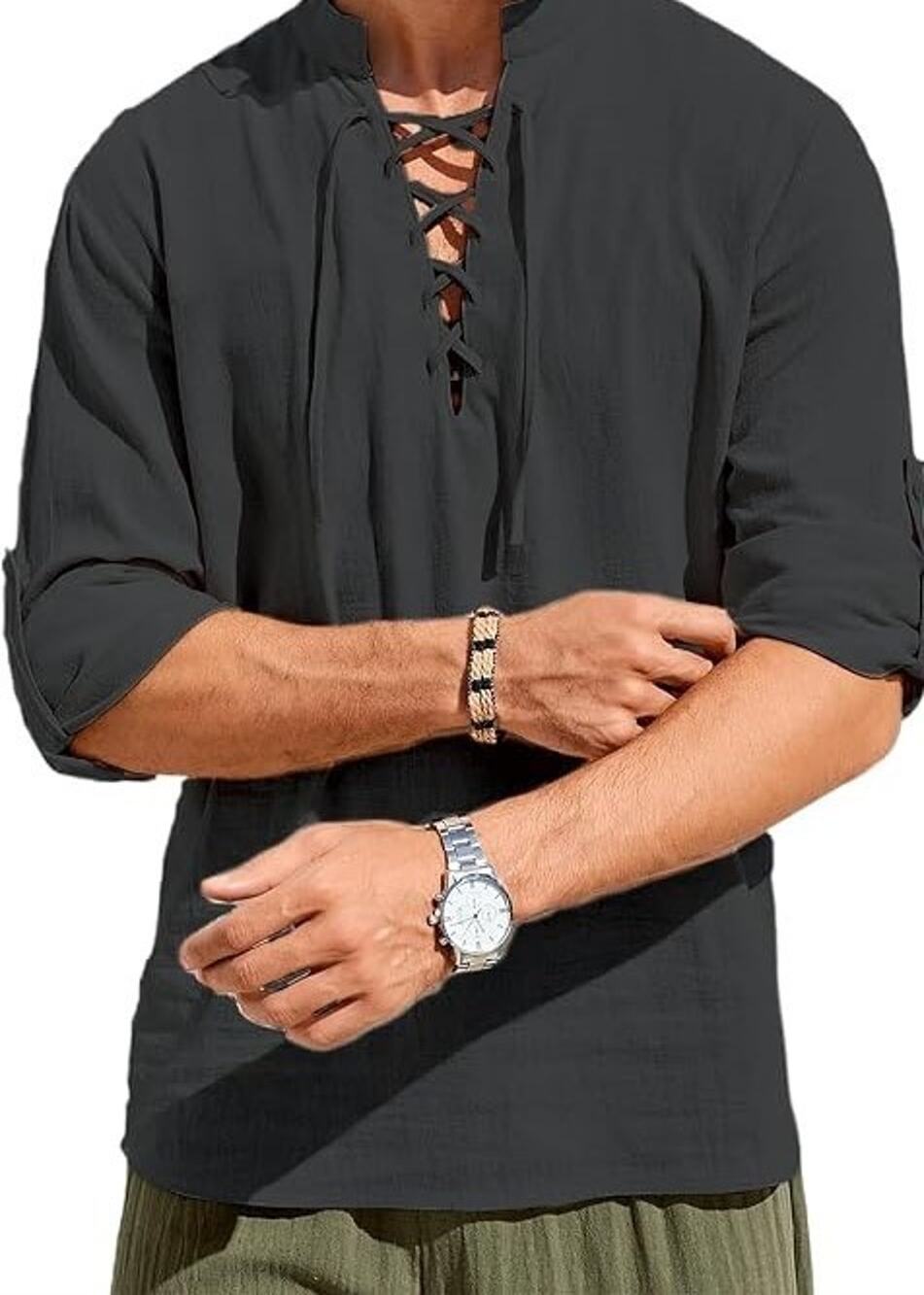 Luc Matton NWT Men's Summer T-Shirt V-Neck Drawstring Tied Collar Long Sleeve L